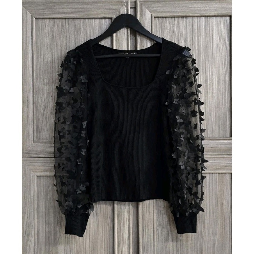 Almost Famous All Black Womans LS Pullover Shirt Flying Butterflies SzL
